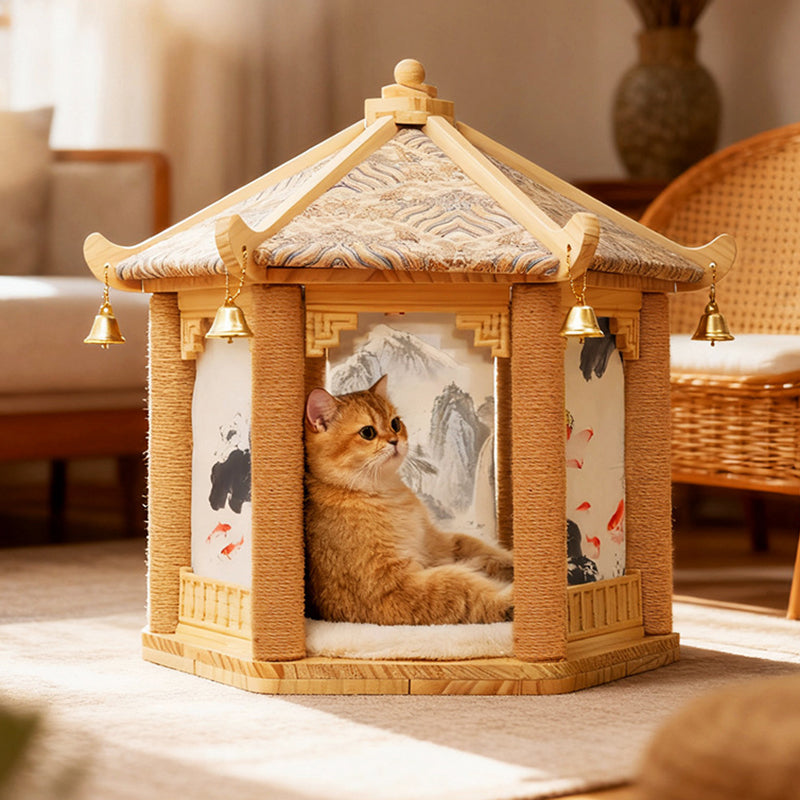 Hexagonal Solid Pine Wood Cat Tree with Fabric and Sisal Design-Orizon Depot