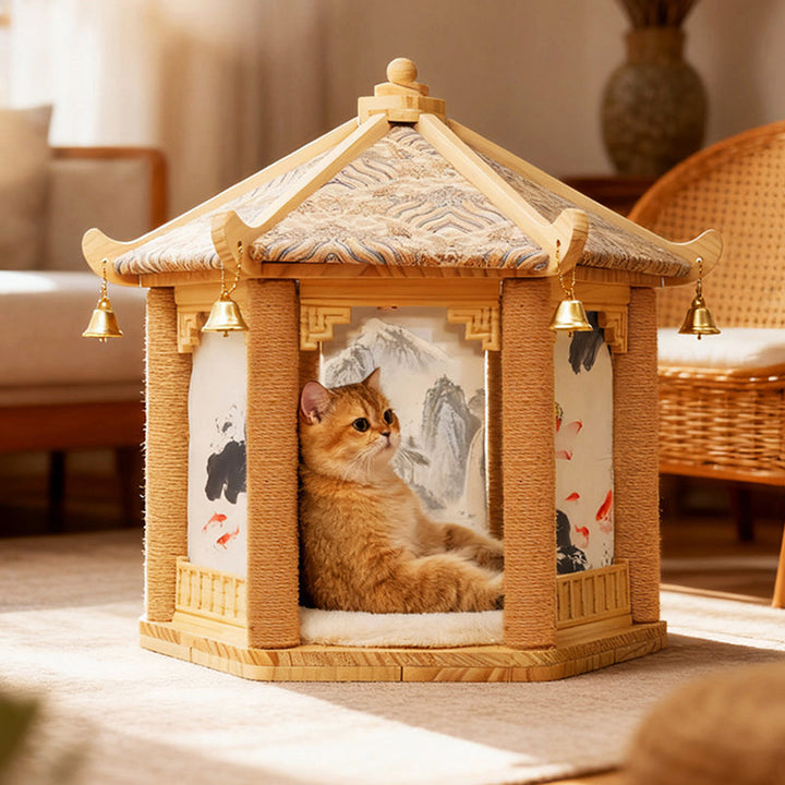 Hexagonal Solid Pine Wood Cat Tree with Fabric and Sisal Design-Orizon Depot