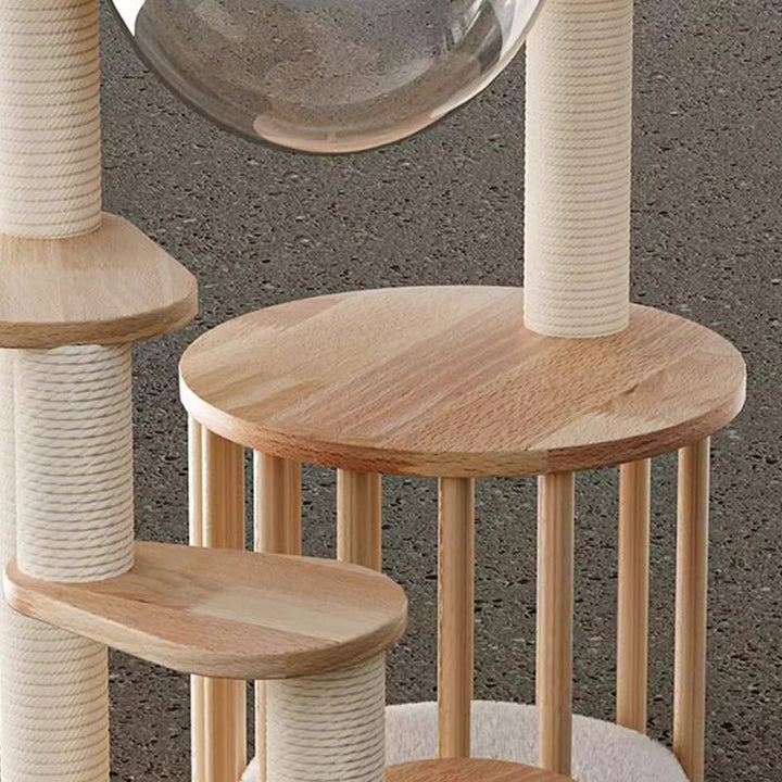 Scandinavian Round Rubberwood 4-Tier Cat Tree for Living Room-Orizon Depot