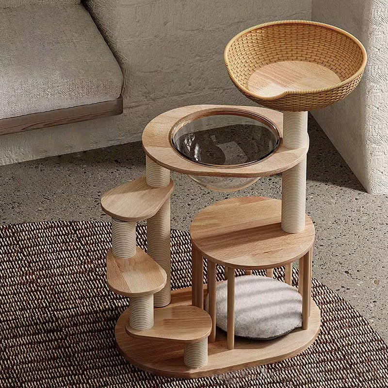 Scandinavian Round Rubberwood 4-Tier Cat Tree for Living Room-Orizon Depot