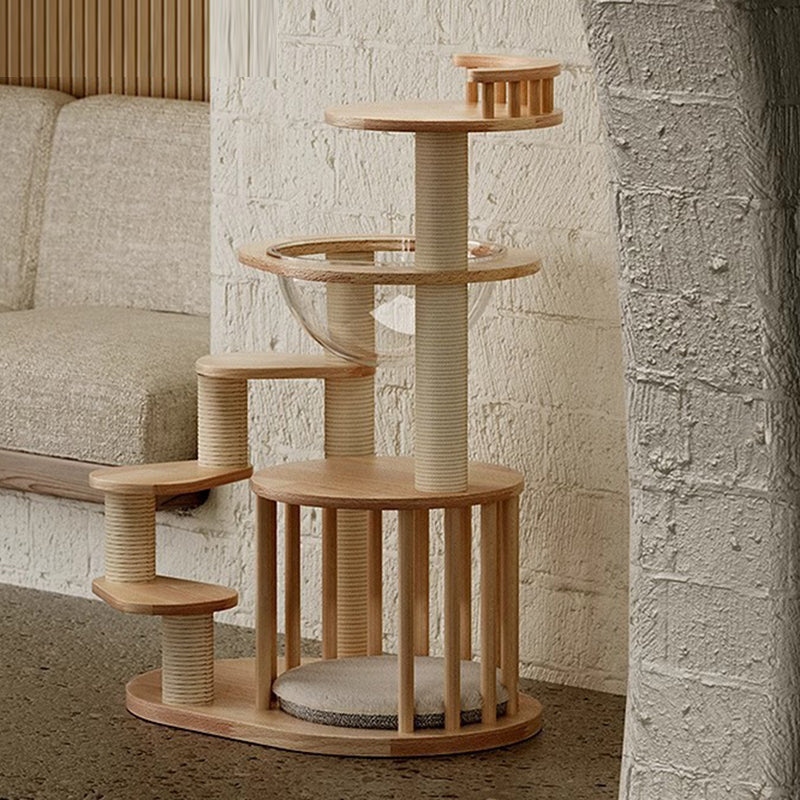 Scandinavian Round Rubberwood 4-Tier Cat Tree for Living Room-Orizon Depot