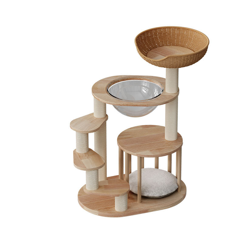 Scandinavian Round Rubberwood 4-Tier Cat Tree for Living Room-Orizon Depot