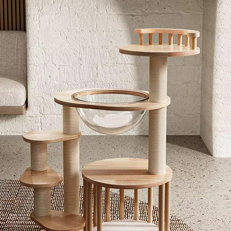 Scandinavian Round Rubberwood 4-Tier Cat Tree for Living Room-Orizon Depot