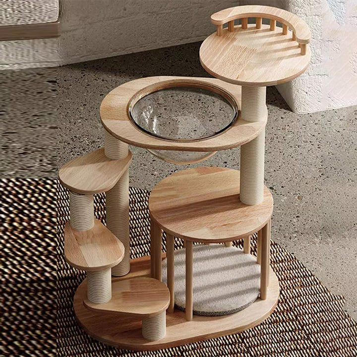 Scandinavian Round Rubberwood 4-Tier Cat Tree for Living Room-Orizon Depot