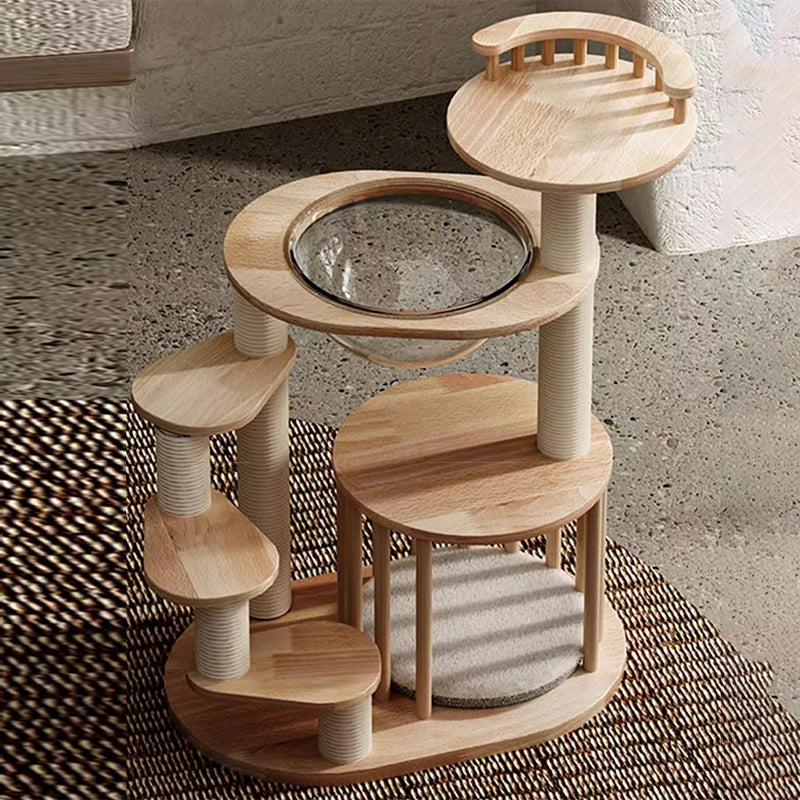 Scandinavian Round Rubberwood 4-Tier Cat Tree for Living Room-Orizon Depot