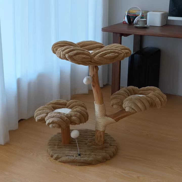 Scandinavian 3-Tier Cat Tree with Natural Wood and Velvet Fabric-Orizon Depot