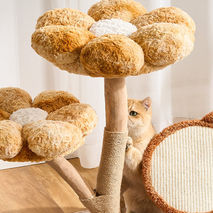 Scandinavian 3-Tier Cat Tree with Natural Wood and Velvet Fabric-Orizon Depot