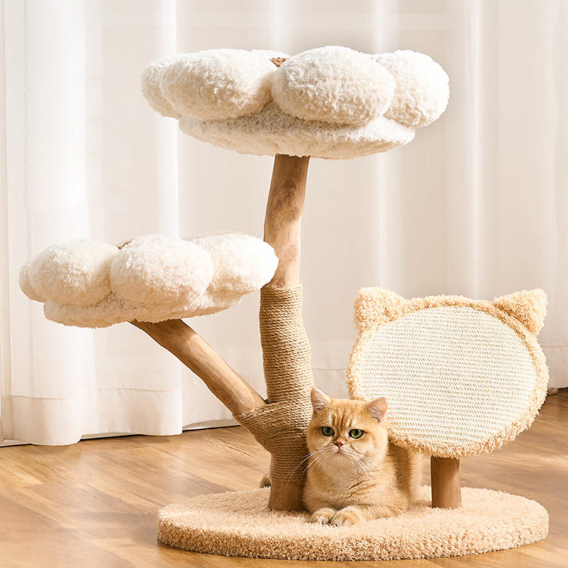 Scandinavian 3-Tier Cat Tree with Natural Wood and Velvet Fabric-Orizon Depot