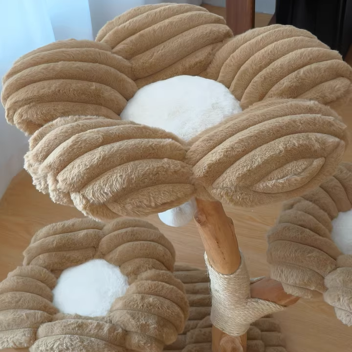 Scandinavian 3-Tier Cat Tree with Natural Wood and Velvet Fabric-Orizon Depot