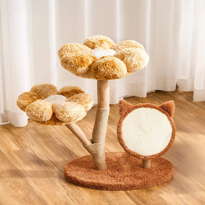 Scandinavian 3-Tier Cat Tree with Natural Wood and Velvet Fabric-Orizon Depot