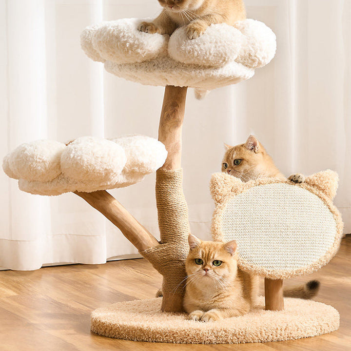 Scandinavian 3-Tier Cat Tree with Natural Wood and Velvet Fabric-Orizon Depot