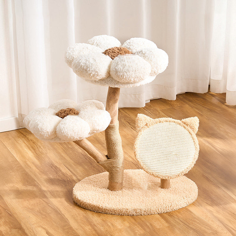 Scandinavian 3-Tier Cat Tree with Natural Wood and Velvet Fabric-Orizon Depot