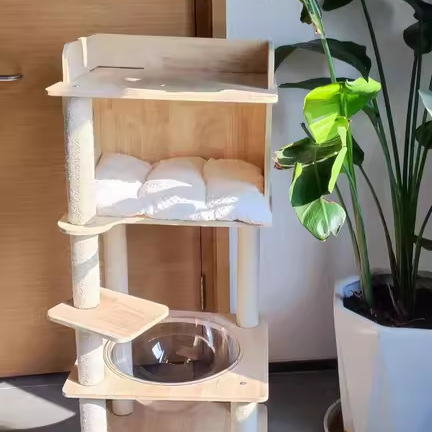 Scandinavian 4-Tier Square Pine Cat Tree with Hemp Rope for Living Room-Orizon Depot