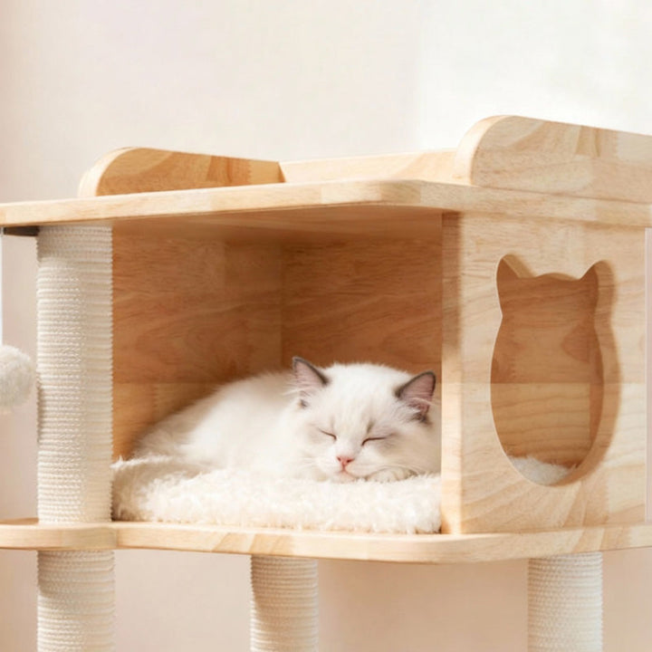 Scandinavian 4-Tier Square Pine Cat Tree with Hemp Rope for Living Room-Orizon Depot