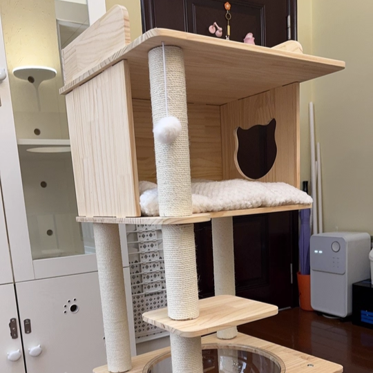 Scandinavian 4-Tier Square Pine Cat Tree with Hemp Rope for Living Room-Orizon Depot