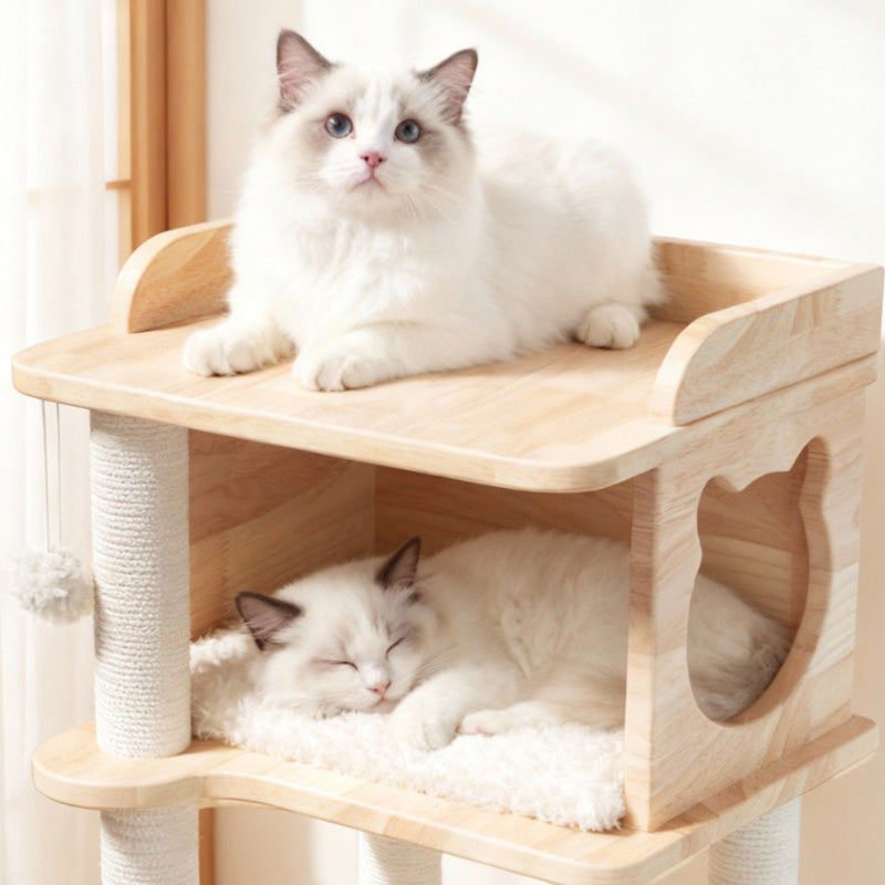 Scandinavian 4-Tier Square Pine Cat Tree with Hemp Rope for Living Room-Orizon Depot