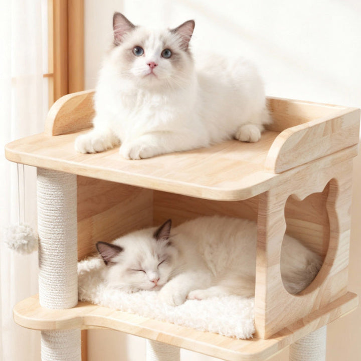 Scandinavian 4-Tier Square Pine Cat Tree with Hemp Rope for Living Room-Orizon Depot