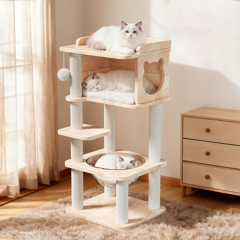 Scandinavian 4-Tier Square Pine Cat Tree with Hemp Rope for Living Room-Orizon Depot