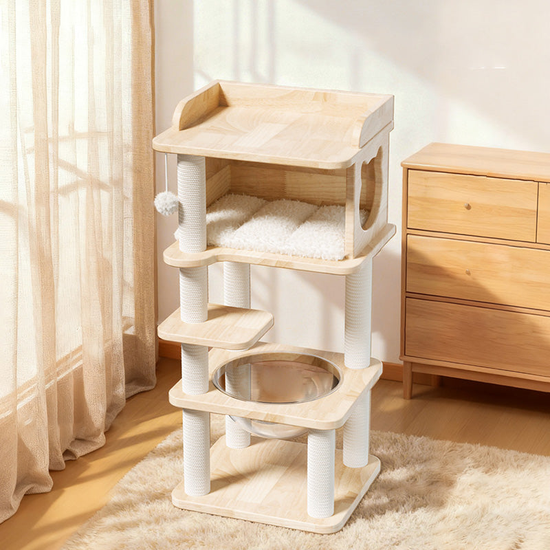 Scandinavian 4-Tier Square Pine Cat Tree with Hemp Rope for Living Room-Orizon Depot