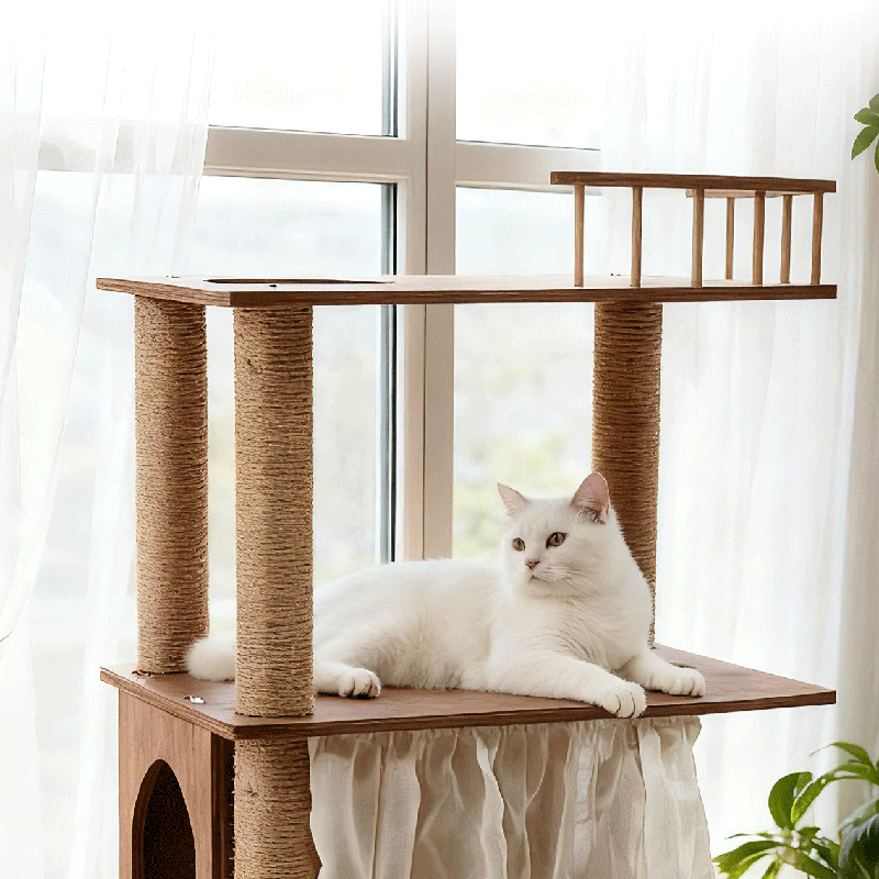 Scandinavian Rectangular Pine Solid Wood 4-Tier Cat Tree for Living Room-Orizon Depot