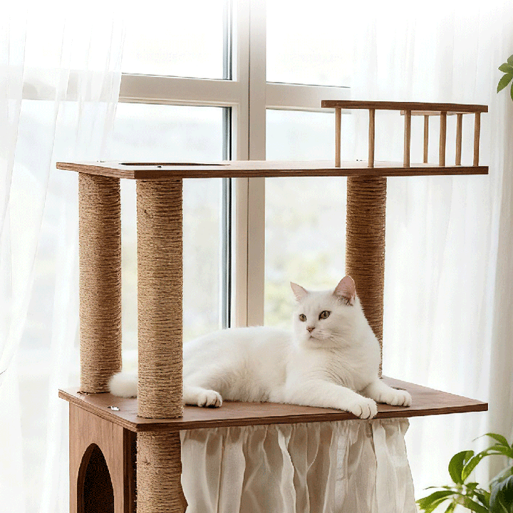 Scandinavian Rectangular Pine Solid Wood 4-Tier Cat Tree for Living Room-Orizon Depot