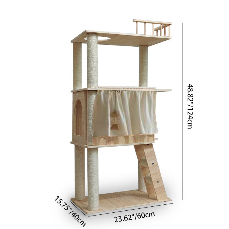Scandinavian Rectangular Pine Solid Wood 4-Tier Cat Tree for Living Room-Orizon Depot