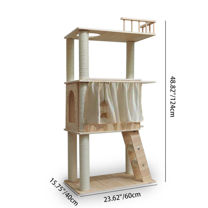 Scandinavian Rectangular Pine Solid Wood 4-Tier Cat Tree for Living Room-Orizon Depot
