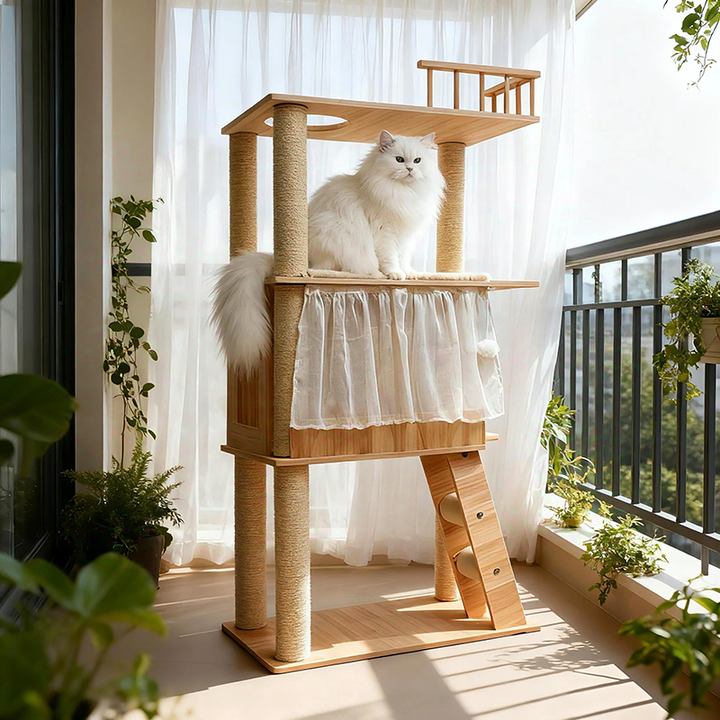 Scandinavian Rectangular Pine Solid Wood 4-Tier Cat Tree for Living Room-Orizon Depot