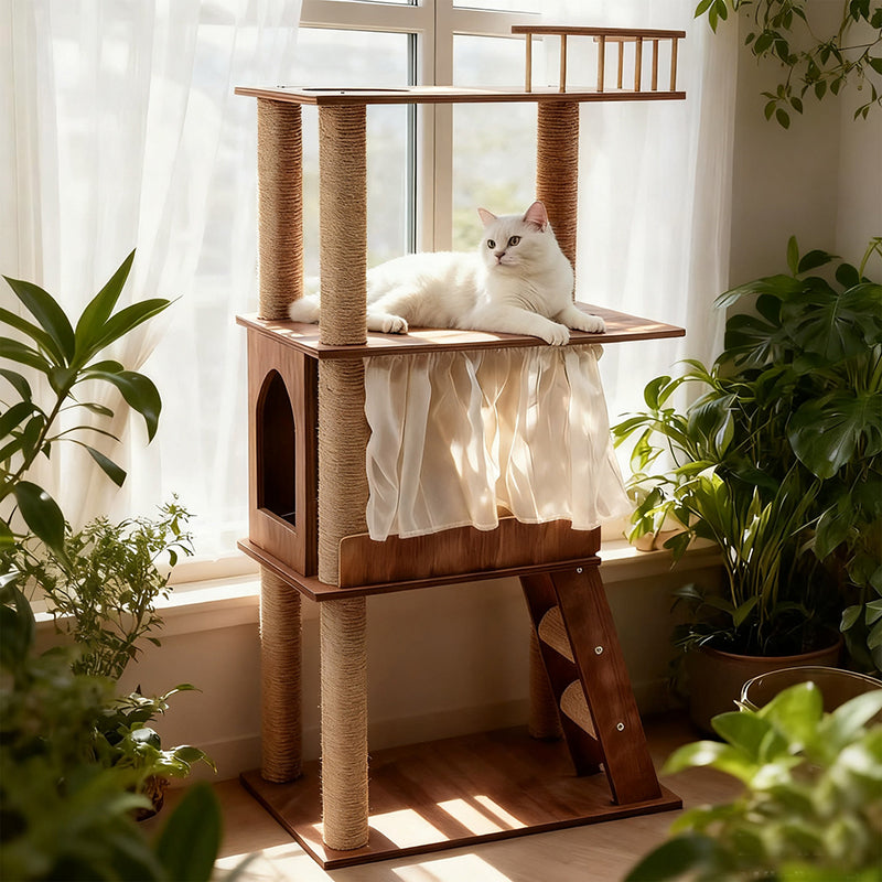 Scandinavian Rectangular Pine Solid Wood 4-Tier Cat Tree for Living Room-Orizon Depot