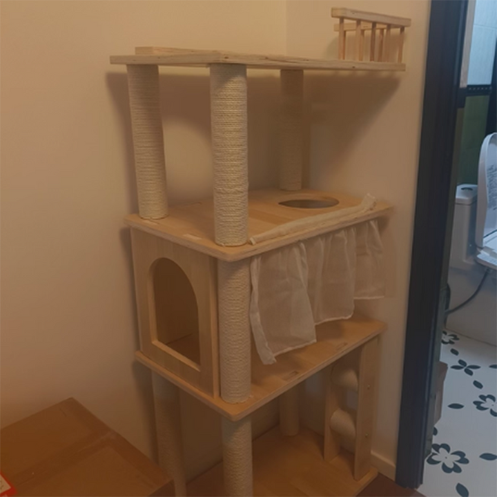 Scandinavian Rectangular Pine Solid Wood 4-Tier Cat Tree for Living Room-Orizon Depot