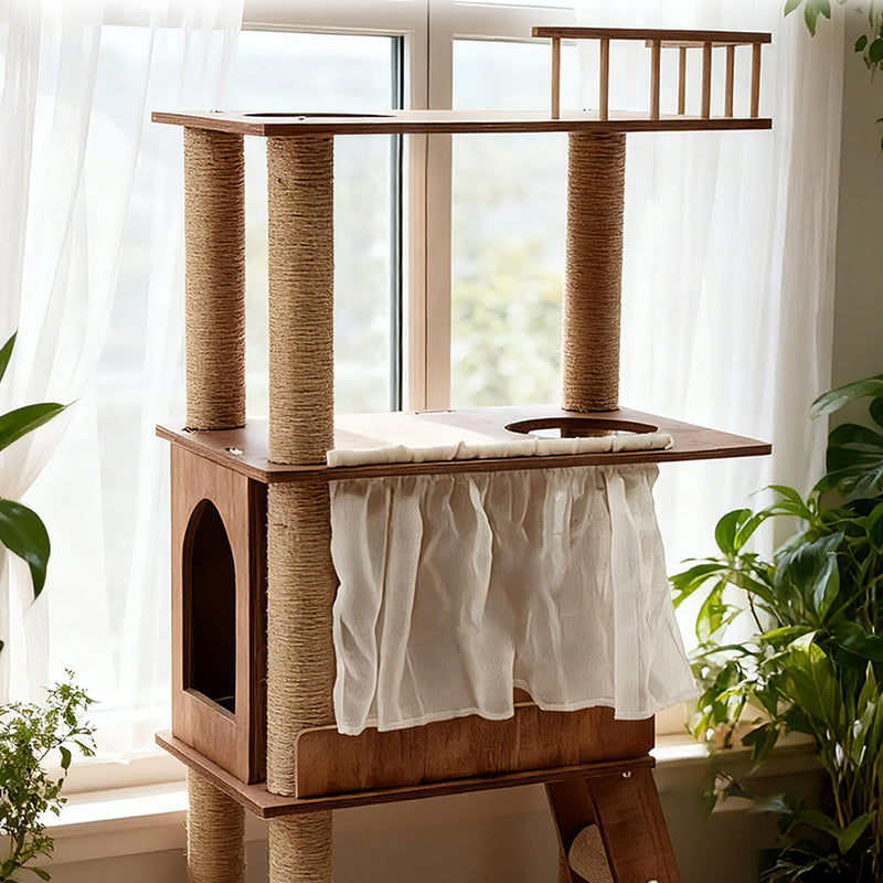 Scandinavian Rectangular Pine Solid Wood 4-Tier Cat Tree for Living Room-Orizon Depot