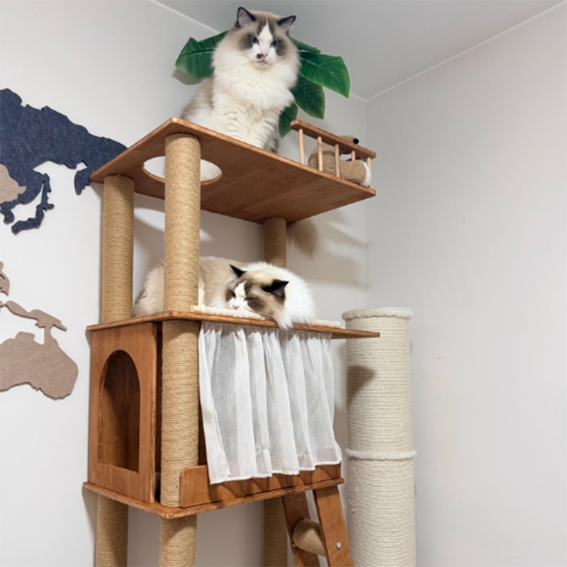 Scandinavian Rectangular Pine Solid Wood 4-Tier Cat Tree for Living Room-Orizon Depot