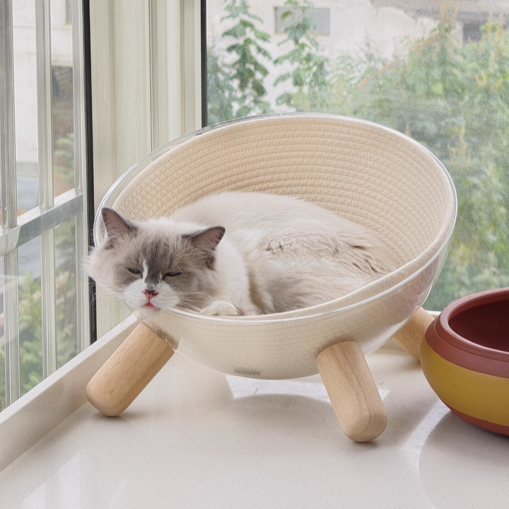 Scandinavian Round Rubberwood Cat Bed with Clear PET for Bedroom-Orizon Depot