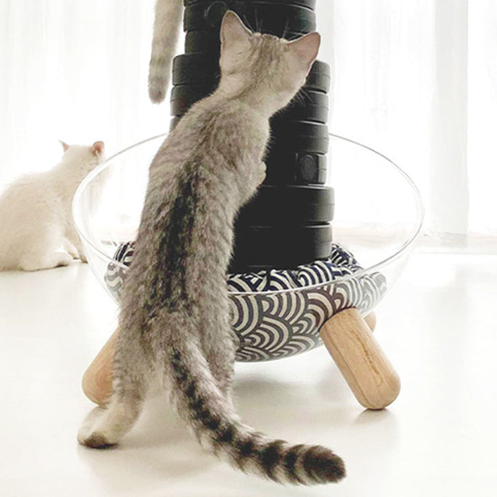 Scandinavian Round Rubberwood Cat Bed with Clear PET for Bedroom-Orizon Depot