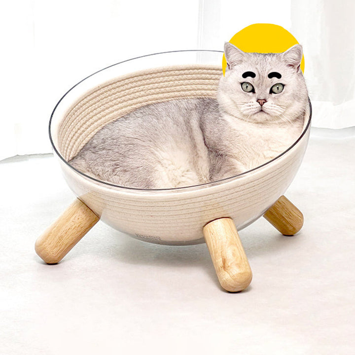 Scandinavian Round Rubberwood Cat Bed with Clear PET for Bedroom-Orizon Depot