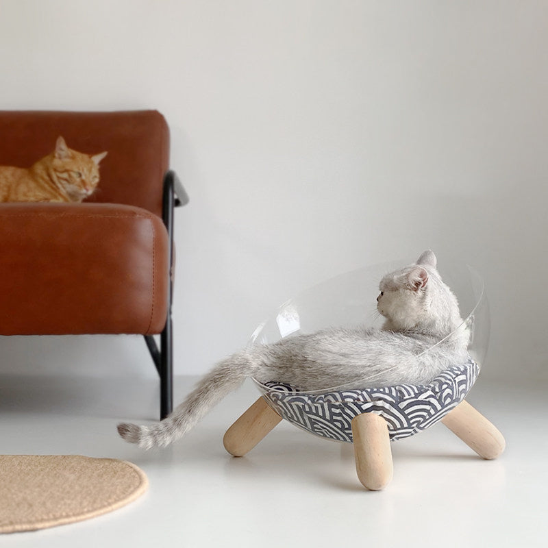 Scandinavian Round Rubberwood Cat Bed with Clear PET for Bedroom-Orizon Depot