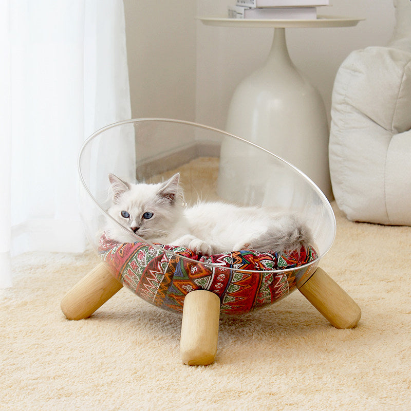 Scandinavian Round Rubberwood Cat Bed with Clear PET for Bedroom-Orizon Depot