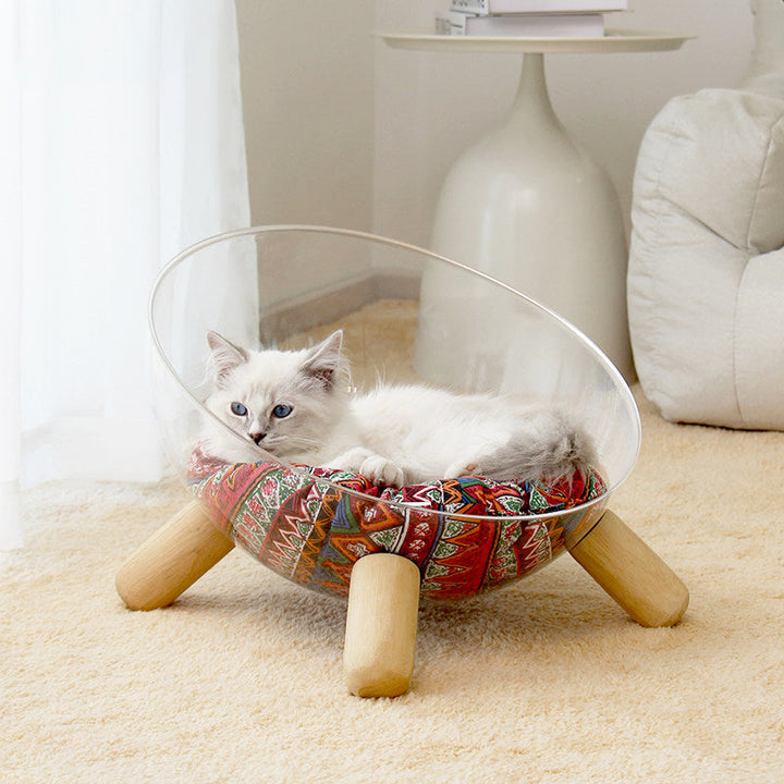 Scandinavian Round Rubberwood Cat Bed with Clear PET for Bedroom-Orizon Depot