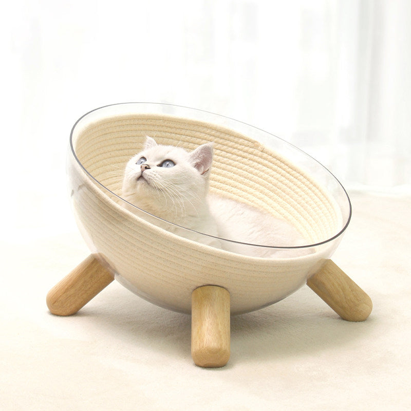 Scandinavian Round Rubberwood Cat Bed with Clear PET for Bedroom-Orizon Depot