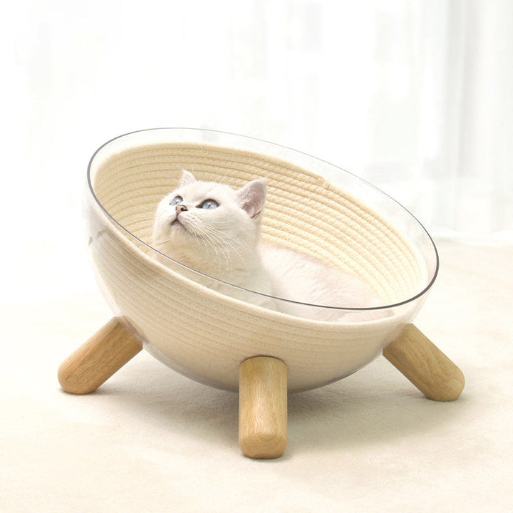 Scandinavian Round Rubberwood Cat Bed with Clear PET for Bedroom-Orizon Depot