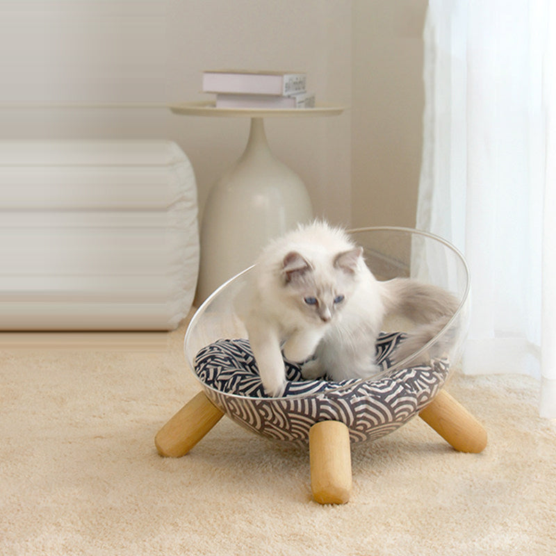Scandinavian Round Rubberwood Cat Bed with Clear PET for Bedroom-Orizon Depot