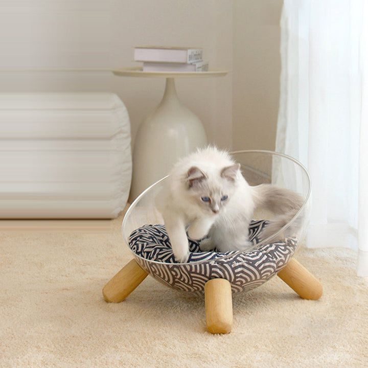 Scandinavian Round Rubberwood Cat Bed with Clear PET for Bedroom-Orizon Depot