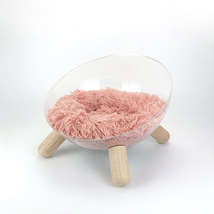 Scandinavian Round Rubberwood Cat Bed with Clear PET for Bedroom-Orizon Depot