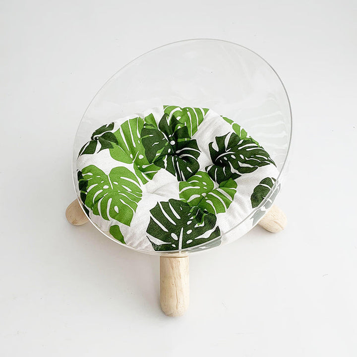 Scandinavian Round Rubberwood Cat Bed with Clear PET for Bedroom-Orizon Depot