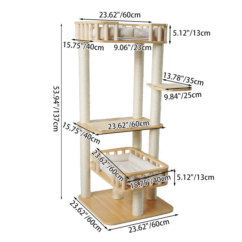 Modern Scandinavian 4-Tier Solid Wood Cat Tree with Velvet Fabric-Orizon Depot