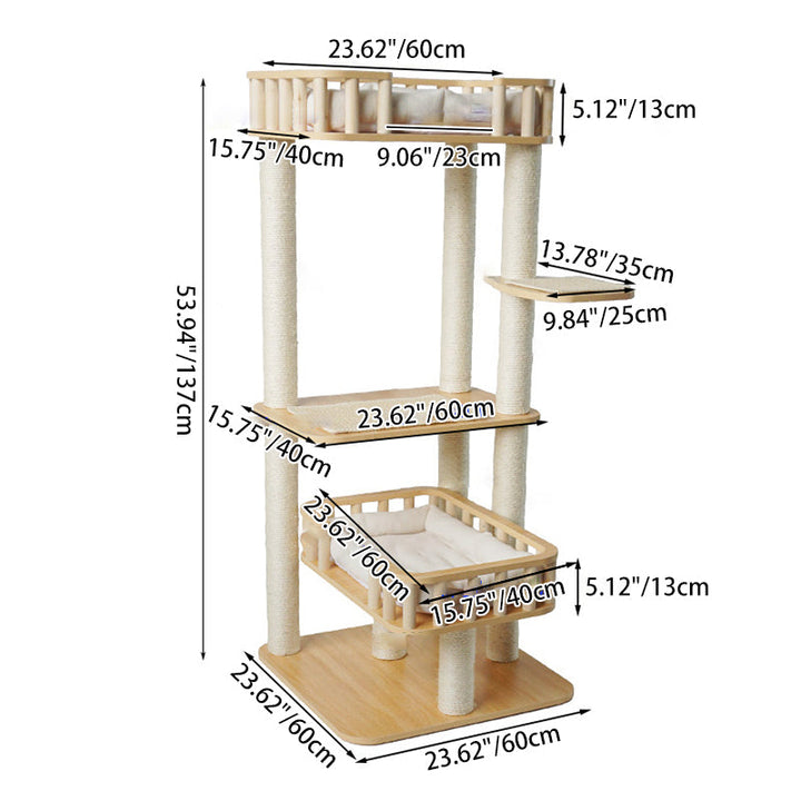 Modern Scandinavian 4-Tier Solid Wood Cat Tree with Velvet Fabric-Orizon Depot