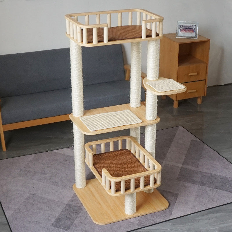 Modern Scandinavian 4-Tier Solid Wood Cat Tree with Velvet Fabric-Orizon Depot