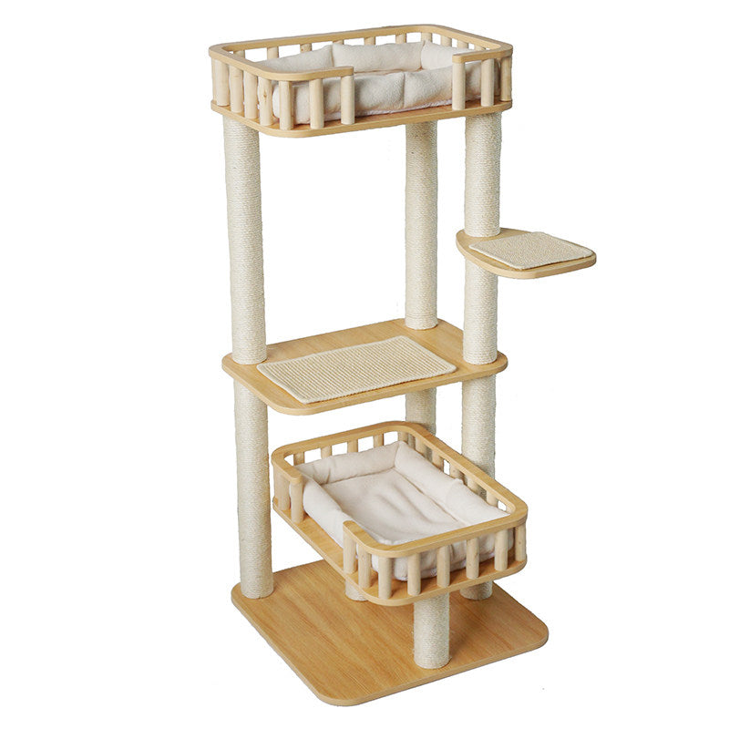 Modern Scandinavian 4-Tier Solid Wood Cat Tree with Velvet Fabric-Orizon Depot