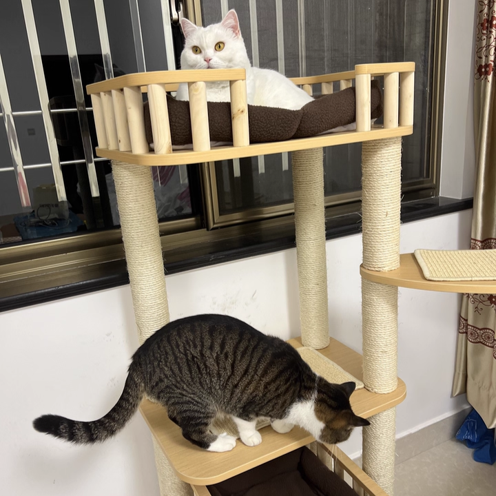 Modern Scandinavian 4-Tier Solid Wood Cat Tree with Velvet Fabric-Orizon Depot