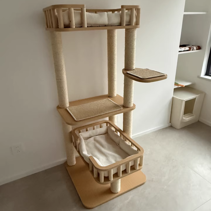 Modern Scandinavian 4-Tier Solid Wood Cat Tree with Velvet Fabric-Orizon Depot
